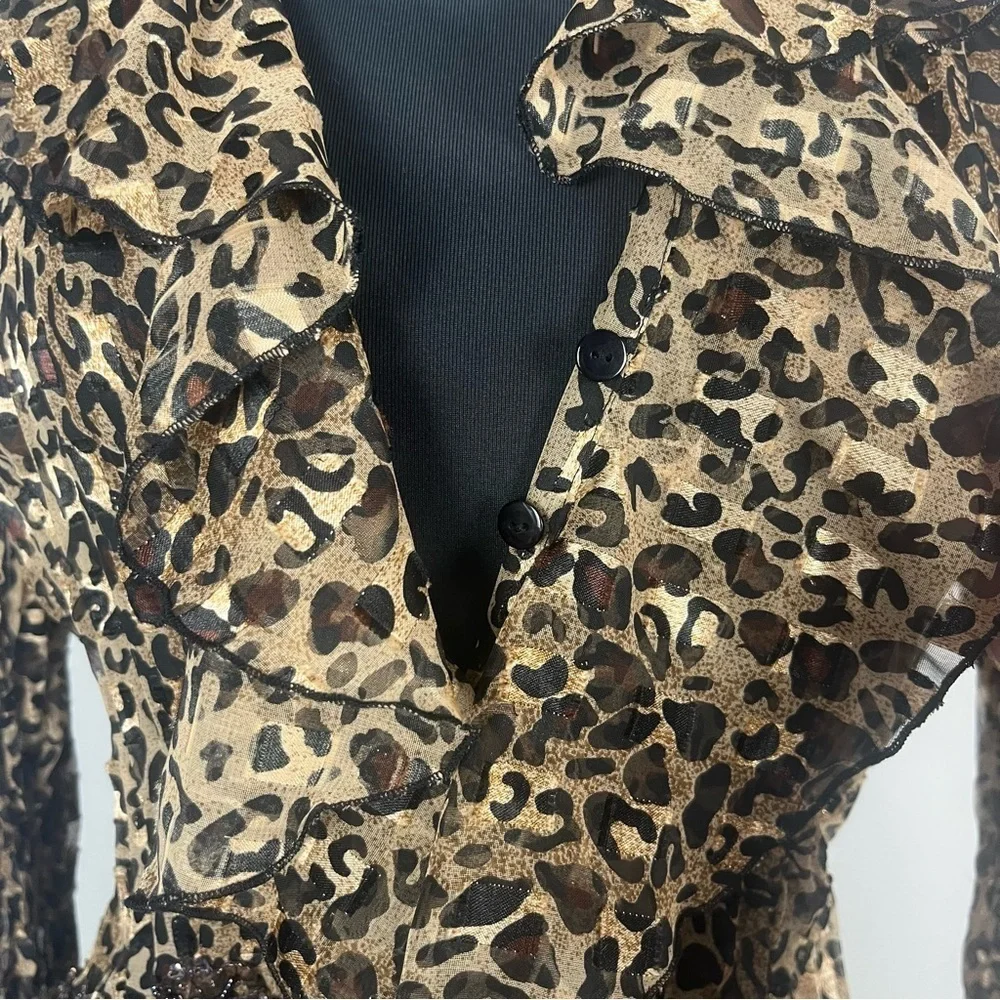 Vintage Y2K Mary L Couture animal print beaded button down ruffle top size small - Picture 2 of 7